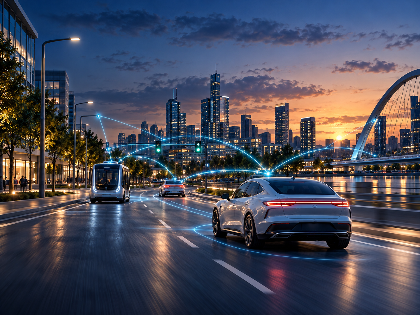 Illustrative connected mobility scene showing vehicle-to-vehicle and infrastructure connectivity in an urban environment at dusk.